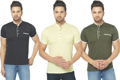 Adorbs Solid Men Henley Neck Green, Black, Yellow T-Shirt