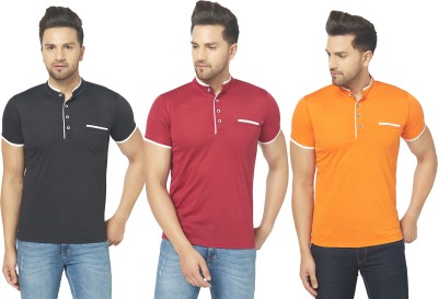 Jangoboy Solid Men Henley Neck Maroon, Black, Orange T-Shirt