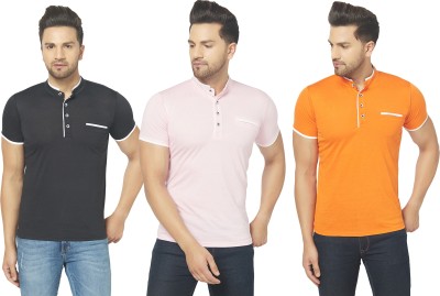 GAGCOBIA Solid Men Henley Neck Black, Pink, Orange T-Shirt