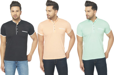 Jangoboy Solid Men Henley Neck Black, Orange, Light Green T-Shirt