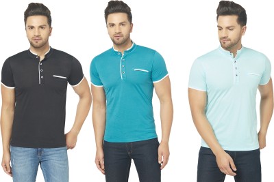 Jangoboy Solid Men Henley Neck Light Blue, Blue, Black T-Shirt