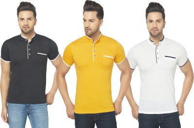 Adorbs Solid Men Henley Neck White, Black, Yellow T-Shirt