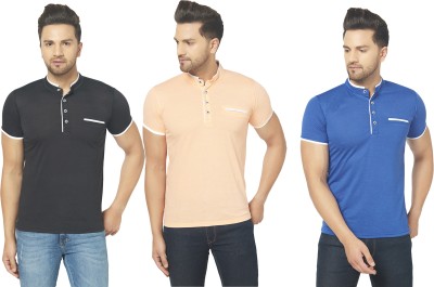 Jaskart Solid Men Henley Neck Blue, Black, Orange T-Shirt