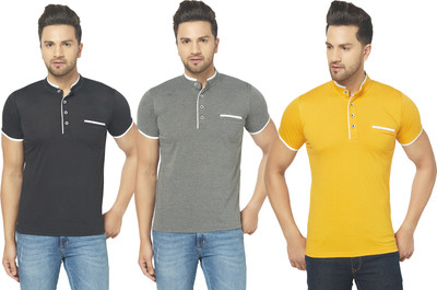 Jangoboy Solid Men Mandarin Collar Multicolor T-Shirt