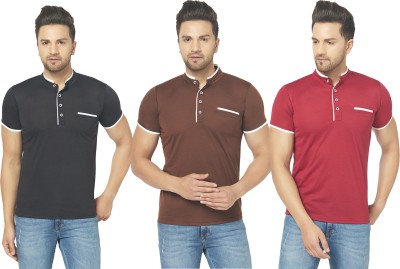 Jaskart Solid Men Henley Neck Brown, Maroon, Black T-Shirt