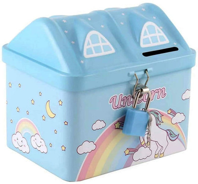 Toystic Top selling Unicorn Hut House Shape Metal Piggy Bank with Lock & Keys, Coin Bank(Blue)