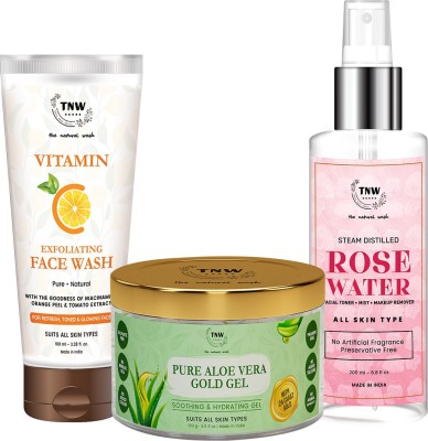 TNW - The Natural Wash Vitamin C Exfoliating Face Wash, Pure Aloe Vera Gold Gel and Steam Distilled Rose Water | For Glowing and Hydrated Skin | Chemical-Free Skincare Products(3 Items in the set)