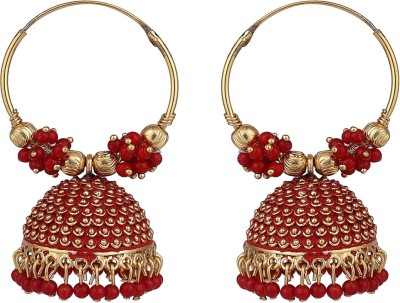 BHANA FASHION BHANA FASHION Traditional Gold Plated Enamelled Red Jhumka And Hoop Baali Earring Pearl Brass Hoop Earring