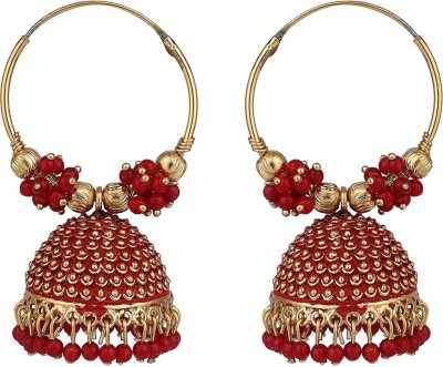 BHANA CREATIONS Angel In You Traditional Gold Plated Enamelled Red Jhumka And Hoop Baali Earring Pearl Brass Earring Set