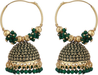 JEWELS GURU JEWELS GURU Traditional Gold Plated Enamelled Green Jhumka And Hoop Baali Earring Pearl Brass Hoop Earring