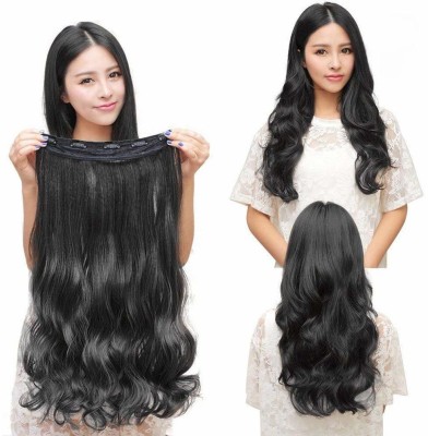 MoonEyes Curly/Wavy Full Head Synthetic Fibre 5 Clip In  Extensions, 24 inch (Natural Black) in 2021 model Hair Extension