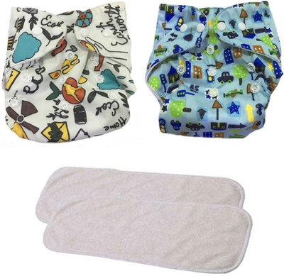 kogar All New Solid Stylish Reusable Printed Multicolour Cloth Button diaper With White Insert For Baby New Born to 2 Year (2 Diaper +2 Insert)N1