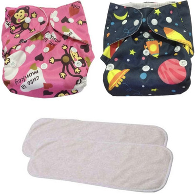 kogar All New Solid Stylish Reusable Printed Multicolour Cloth Button diaper With White Insert For Baby New Born to 2 Year (2 Diaper +2 Insert)N1