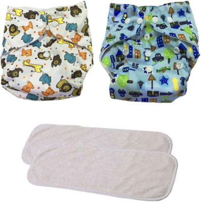 kogar All New Solid Stylish Reusable Printed Multicolour Cloth Button diaper With White Insert For Baby New Born to 2 Year (2 Diaper +2 Insert)N1
