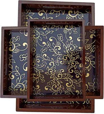Angira handicrafts Wooden Tray SET of 3 with Coasters set Tray(Pack of 3)