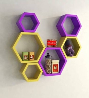 OnlineCraft wooden hexon shelf set of 6 yellow purple Wooden Wall Shelf(Number of Shelves - 6, Purple, Yellow)