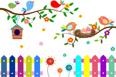 Burhani Decor 78 cm Colorful cartoon design with birds or bird house pvc vinyl multicolor decorative wall sticker for wall decoration size : 78 Cm X 180 Cm Self Adhesive Sticker(Pack of 1)