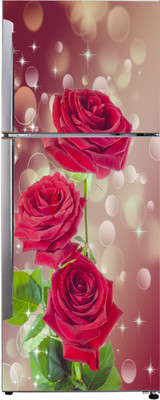 Decor studio 160 cm Decorative beautiful red rose , green leaves with shiny spark star and circles extra large fridge sticker Self Adhesive Sticker(Pack of 1)