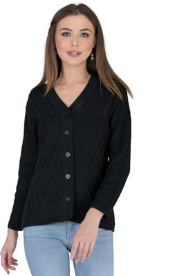 lady willington Self Design V Neck Casual Women Black Sweater