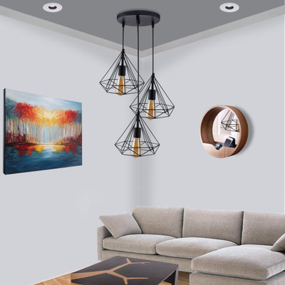 Homesake 3-Lights Round Cluster Chandelier Black Diamond Hanging Pendant Light with Braided Cord Chandelier Ceiling Lamp(Black)