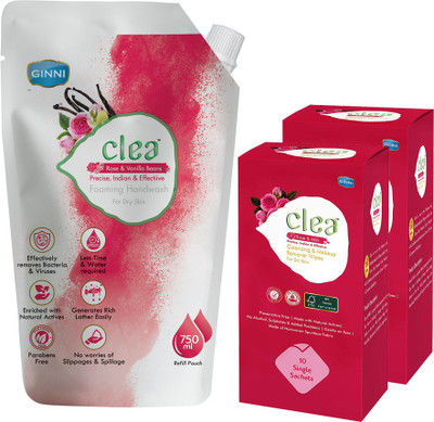 Clea Cleansing and Make-up Remover Wet Wipes (Rose & Milk) ( Pack of 2) (10 Sachets Per Pack) & Foaming Handwash Refill Pouch 750ml (Rose & Vanilla Beans)(3 Items in the set)
