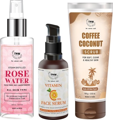TNW - The Natural Wash Ultiate Face & Skin Care Combo (Coffee Coconut Scrub + Vitamin C Face Serum + Steam Distilled Rose Water) 330 ml with Hyaluronic Acid, Boost Skin Collagen, Brighten Hydrate Skin(3 Items in the set)