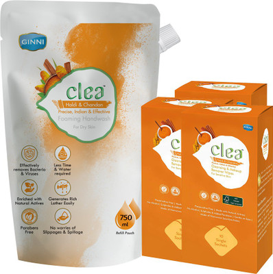 Clea Cleansing and Make-up Remover Wet Wipes( Pack of 3) (10 Sachets Per Pack) & Foaming Handwash Refill Pouch 750ml (Haldi & Chandan)(2 Items in the set)