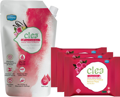 Clea Cleansing and Make-up Remover Wet Wipes (Rose & Milk) (Pack of 3) (8 Wipes Per Pack) & Foaming Handwash Refill Pouch 750ml (Rose & Vanilla Beans)(4 Items in the set)