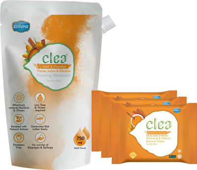 Clea Cleansing and Make-up Remover Wet Wipes(Pack of 3) (8 Wipes Per Pack) & Foaming Handwash Refill Pouch 750ml (Haldi & Chandan)(4 Items in the set)
