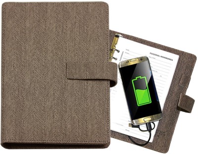 Viva Global CHARGE 4000 mAh POWER BANK 6 Ring Mechanism Refillable RINGBINDER NOTEBOOK Inbuild 32GB USB and Inbuilt IOS, Android and Type -C cables with Charge Indicator A5 Organizer Ruled 200 Pages(Tan)