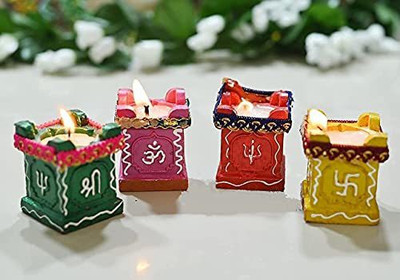 kyzzo Tulsi Diya Diwali Decoration Item Terracotta Colourful Decorative Mitti Diyas Candle(Multicolor, Pack of 4)