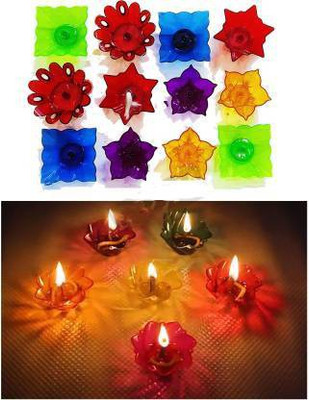 Ridhi Sidhi Design 12 pc Plastic Floating Transparent Different Shape Reflection Diya with Wicks and Springs, Decoration Use for Diwali,Puja Path and Festival Decoration in a Plastic Box Packaging Plastic (Pack of 12) Table Diya Set(Height: 1.5 inch)