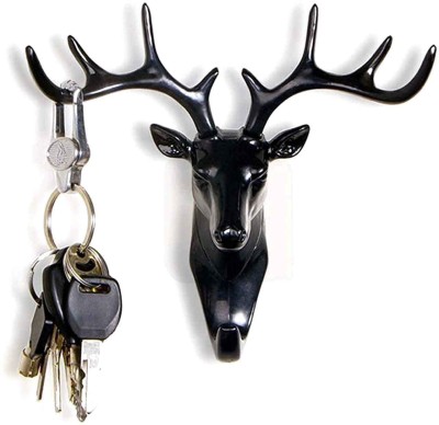 AMANZA Plastic Deer Head Hanging Hook Wall Hanger Key Hook Wall Decor Showpiece Self Adhesive Multipurpose for Home and Office Black_Color Hook Hanger Bathroom Wall Door Hooks For Hanging keys ,Clothes Hook Rail Key Holder (Pack of 1) Accessories Organizer