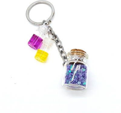 Arkanum Cute Sparkly Purple Glitter Bottle With Colourful 2 Small Bottles Keychain Key Chain