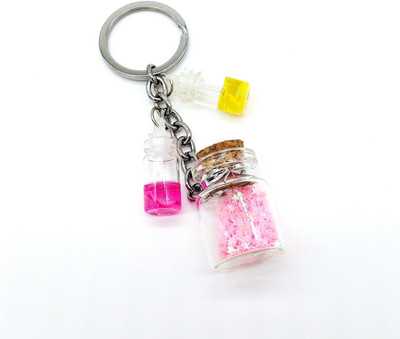 Arkanum Cute Sparkly Pink Glitter Bottle With Colourful 2 Small Bottles Keychain Key Chain