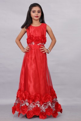 Aika Girls Maxi/Full Length Festive/Wedding Dress(Red, Sleeveless)