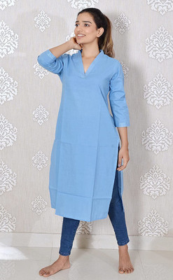 JAIPUR HAND BLOCK Women Solid Straight Kurta(Light Blue)