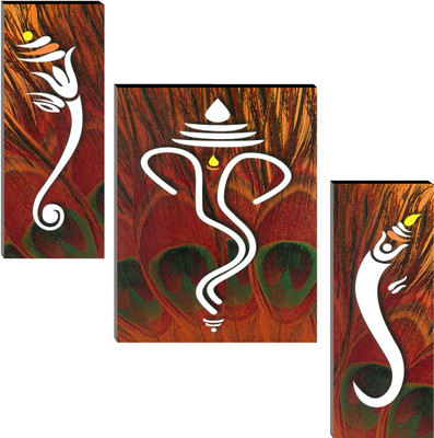 Indianara Set of 3 Lord Ganesha MDF Art Painting (3780FL) without glass (4.5 X 12, 9 X 12, 4.5 X 12 INCH) Digital Reprint 12 inch x 18 inch Painting(With Frame, Pack of 3)