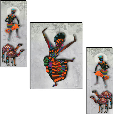 Indianara Set of 3 Abstract Rajasthani Folk MDF Art Painting (3787FL) without glass (4.5 X 12, 9 X 12, 4.5 X 12 INCH) Digital Reprint 12 inch x 18 inch Painting(With Frame, Pack of 3)