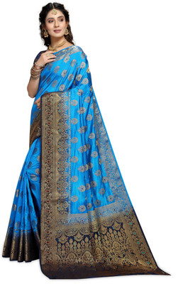 iZibra Self Design, Woven Banarasi Pure Silk, Cotton Silk Saree(Dark Blue, Light Blue)