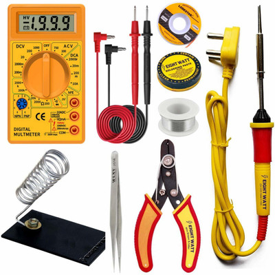 araMarket 8 IN 1 Solder Iron kit, Electric 25W Soldering Iron Kit Set for Beginners with Digital Multimeter, Wire cutter, Iron Stand, Soldering Paste, Soldering Wire, Tweezer (8 In 1 Combo) 25 W Simple(Round Tip)