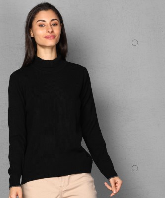 METRONAUT Solid High Neck Casual Women Black Sweater