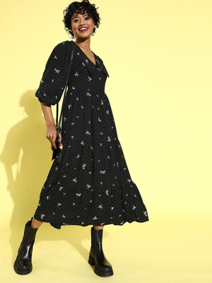 RARE Women Fit and Flare Black Midi/Calf Length Dress