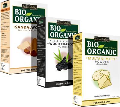 Indus Valley Bio Organic Multani Mitti + Sandalwood Powder + Activated Charcoal Powder Set of 3  (400 g)
