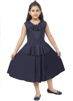 VASTRA FAB Girls Calf Length Party Dress(Dark Blue, Sleeveless)
