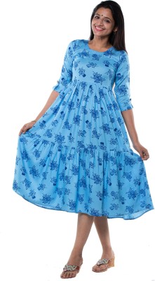 myna Women Printed Flared Kurta(Blue)