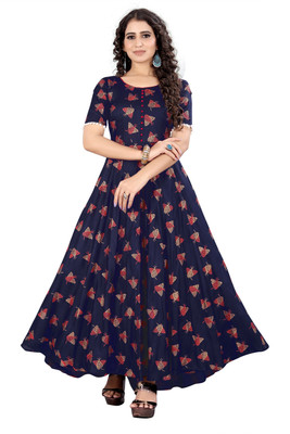 meesorra Women Printed Flared Kurta(Blue)