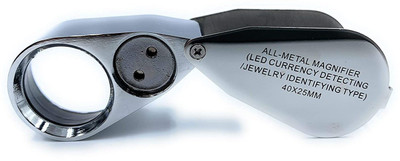 fozti Eye Loupe 25mm 40x Magnifying Glass with LED Lamp & UV Light Folding Hand-Held Portable Lens for Jewellery, Diamond & Gemstone Grader, Currency, Watchmaker, Model Making & General Magnifier 40 X eye loupe(Silver)