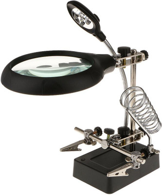 BONBURY 5 LED Light Magnifier Magnifying Glass Helping Hand Soldering Stand with 3 Lens Plug: US plug 10X Magnifier(Black)