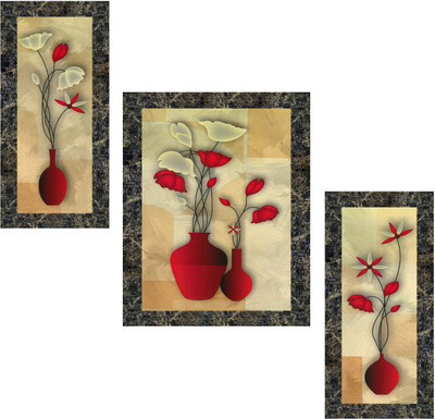 Indianara Set of 3 Abstract Red Flowers in Red Vases Framed Art Painting (3791MGY) without glass Digital Reprint 13 inch x 10.2 inch Painting(With Frame, Pack of 3)